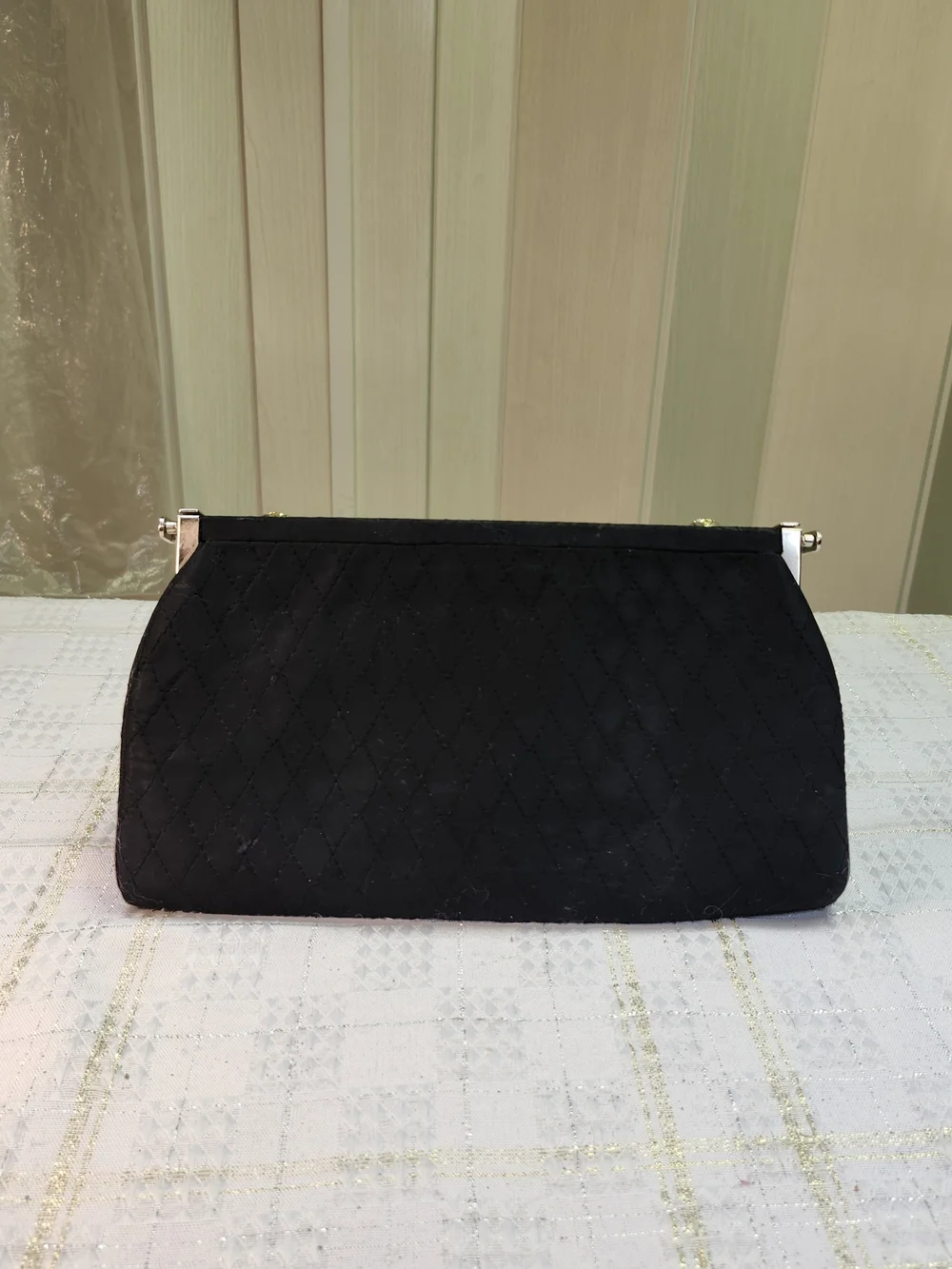 After Five Black Vintage Quilted Evening Clutch with Rhinestone Kiss-Lock